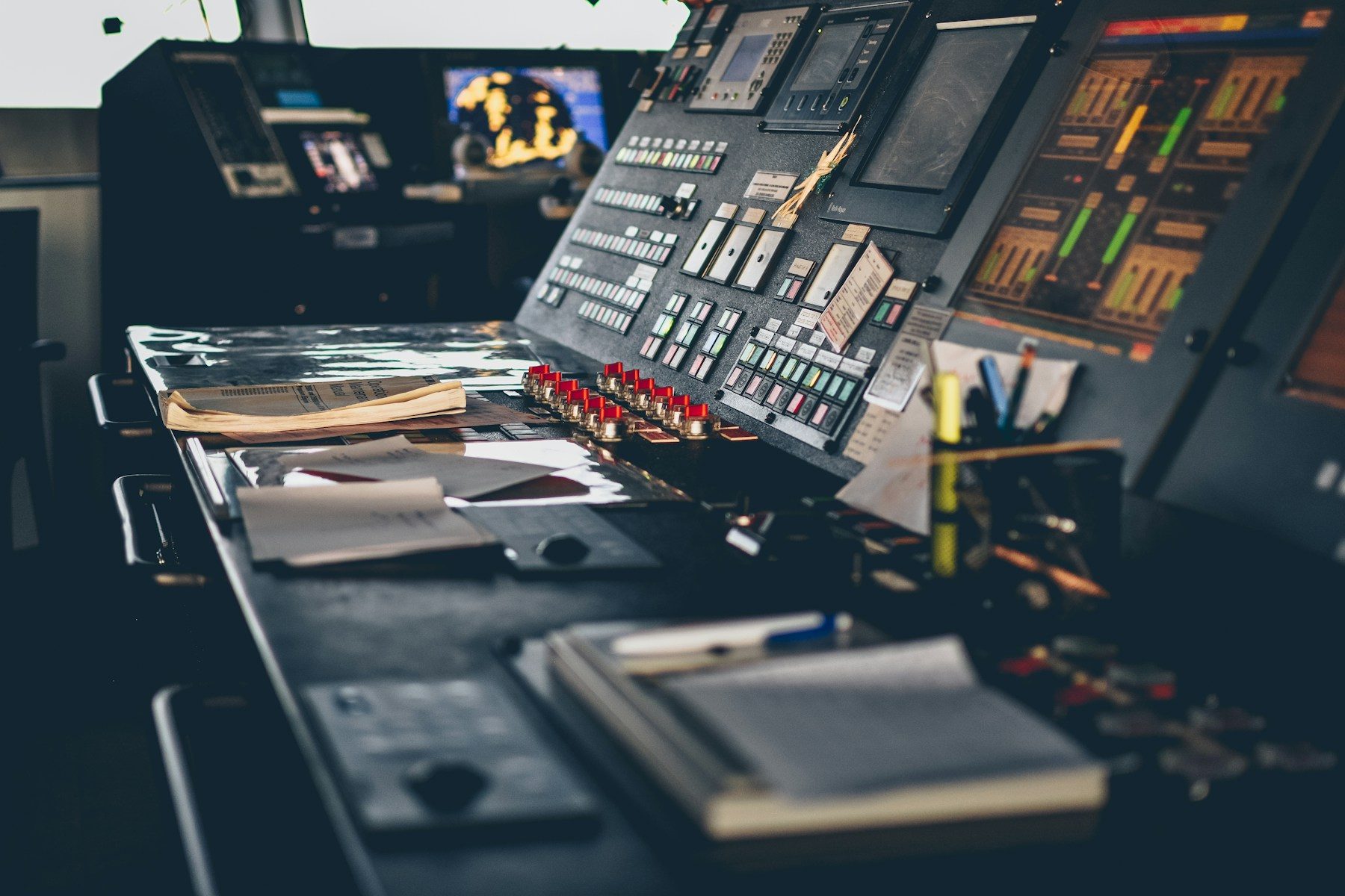 Screens and controls on a ship's bridge console
