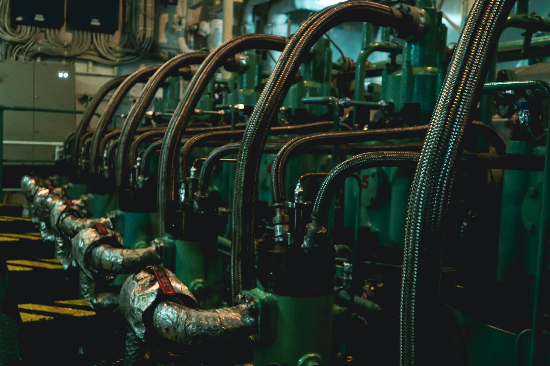 Pipework around a ship's main engine